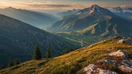 Panoramic view of a mountain valley in the Swiss Alps.