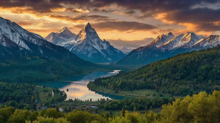 Panoramic view of the lake in the mountains at sunset.の写真素材
