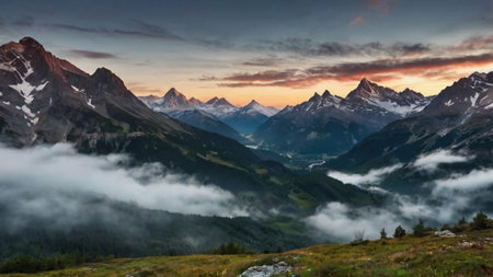 Mountain landscape at sunrise. Alps, Switzerland, Europe