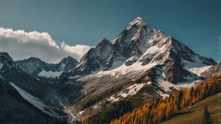 Mountain panorama with snow-capped peaks and yellow larchesの写真素材