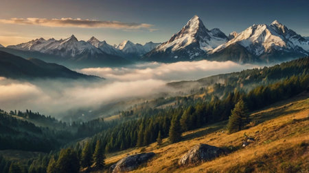 Mountain landscape with snow-capped peaks in the clouds.