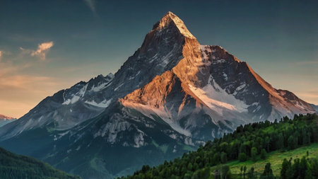 Panoramic view of Mount Matterhorn at sunrise, Zermatt, Switzerlandの写真素材