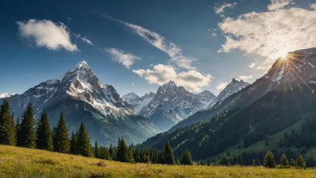 Panoramic view of the snow-capped peaks of the mountains.の写真素材