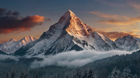 Panoramic view of a mountain peak at sunrise