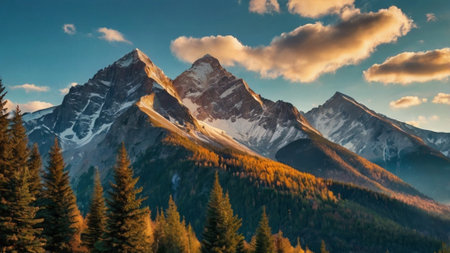 Mountain landscape at sunrise. Panoramic view of the snow-capped peaks.の写真素材