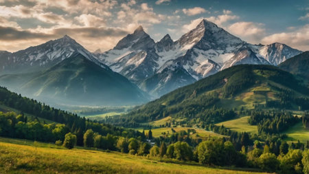 panoramic view of the mountain range in the morning. beautiful nature sceneryの写真素材