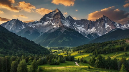 Panoramic view of the mountains at sunsetの写真素材