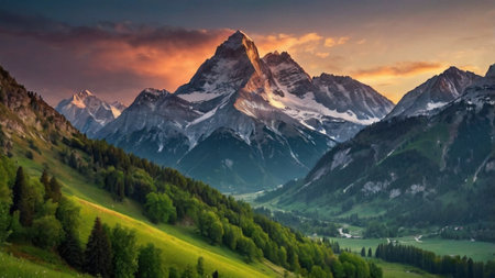 Panoramic view of Alps mountains at sunset.の写真素材
