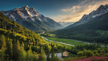 Panoramic view of the mountains and the river, Italyの写真素材