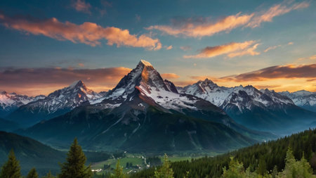 Beautiful alpine panorama of mountains at sunsetの写真素材