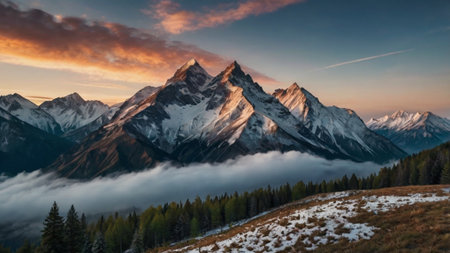 Mountains in the clouds at sunrise. Panoramic view.