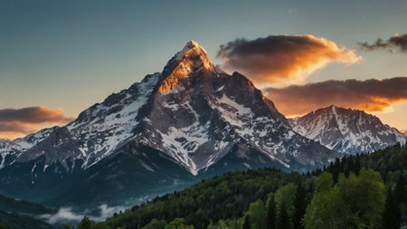 Sunset in the mountains. View of a mountain peak.