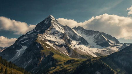 Mountain landscape with snow-capped peaks.の写真素材