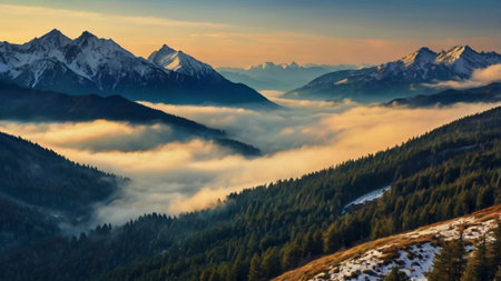 Mountain landscape with fog in the morning. Caucasus Mountains, Georgia.