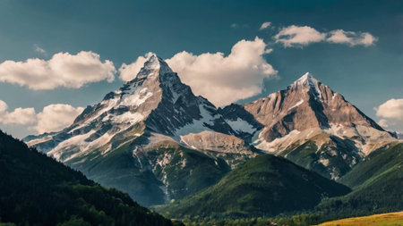 Mountain landscape with snow-capped peaks in the clouds.の写真素材