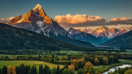Mountain landscape in the Alps at sunset.