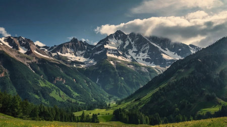 Panoramic view of alpine meadows and mountains under cloudy skyの写真素材