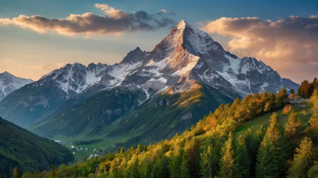 Panoramic view of mount Matterhorn at sunset, Zermatt, Switzerlandの写真素材