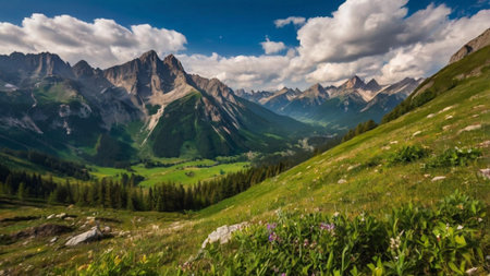Panoramic view of the Dolomites in summer, Italyの写真素材