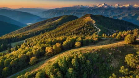 Aerial view of Carpathian mountains at sunset, Ukraine.