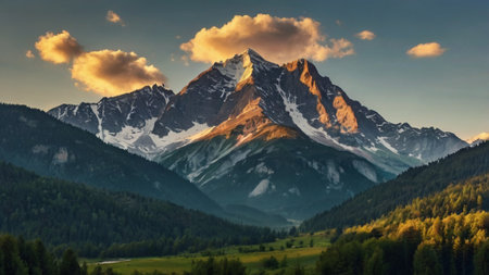 Mountain landscape at sunrise. Panoramic view of the peaks.の写真素材