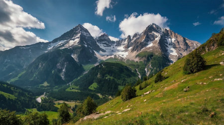 Panoramic view of the mountains in the Swiss Alps in summerの写真素材