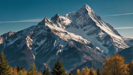 Mountain landscape with autumn trees and snow-capped peaks.