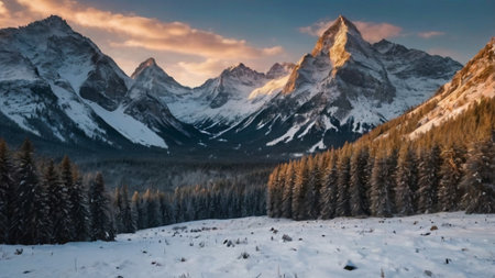 Panoramic view of the mountains in winterの写真素材