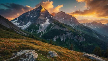 Panoramic view of mountains at sunsetの写真素材