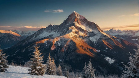 Winter mountains panorama with snow covered fir trees and Matterhorn peak, Zermatt, Switzerlandの写真素材
