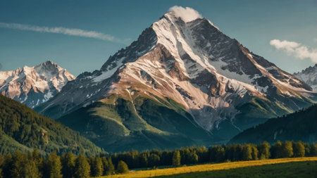 Mountain panorama with snow-capped peaks in the backgroundの写真素材