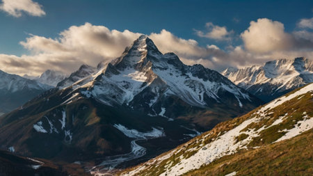 Mountain landscape with snow covered peaks. Caucasus, Georgia, region Gudauri.の写真素材