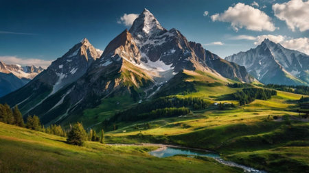 Panoramic view of the mountain Matterhorn and lake in the Alps.の写真素材