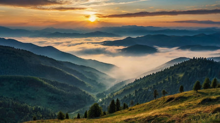 Majestic sunset in the mountains landscape. Carpathian, Ukraine, Europe. Beauty world.の写真素材