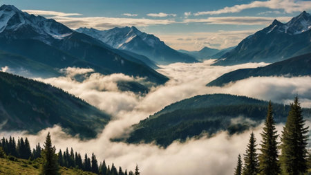 Foggy morning in the mountains. Peaks of the mountains.の写真素材