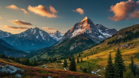 Matterhorn peak in the Swiss alps at sunset in autumnの写真素材