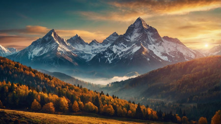 Colorful autumn landscape in the mountains. Sunrise over the mountains.