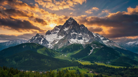 Mountain panorama at sunsetの写真素材