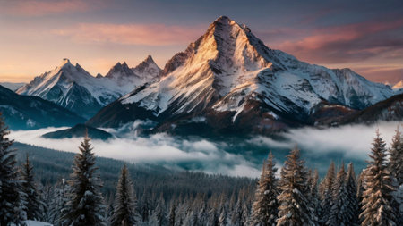 Panoramic view of snow capped mountain peaks