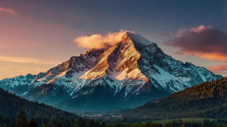 Mountain landscape with snow-capped peaks at sunset in the Alpsの写真素材