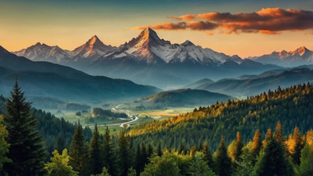 panoramic view of the mountain range and the river at sunset