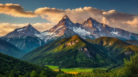 Panoramic view of the Swiss Alps at sunset. Switzerland.の写真素材