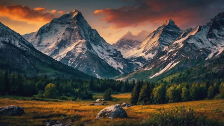 Beautiful alpine landscape with mountains in the background at sunset.