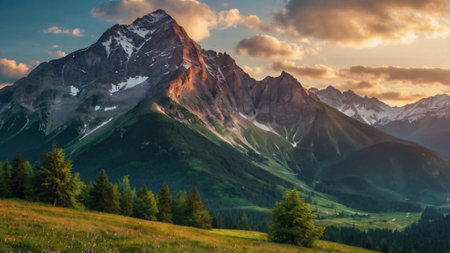 Mountain landscape at sunset.の写真素材