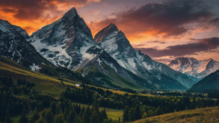 Beautiful alpine landscape with mountain peaks at sunset, Switzerland.の写真素材