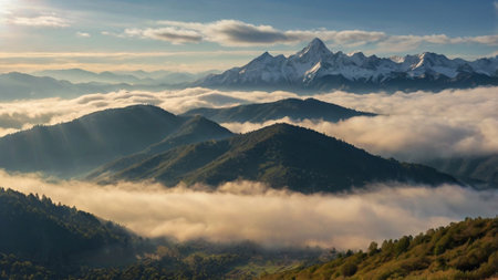 Mountains in the clouds at sunrise. Caucasus Mountains, Georgia.の写真素材