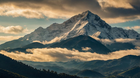 Panoramic view of snow-capped peaks.の写真素材