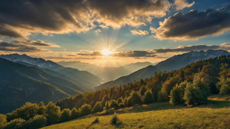 Majestic sunset in the mountains landscape. Dramatic sky. Carpathian, Ukraine, Europe. Beauty world.の写真素材