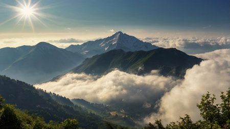 Mountain landscape with clouds and sun. Caucasus, Dombay.の写真素材