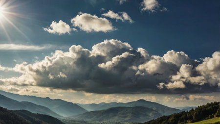 Landscape with mountains, clouds and sun. Carpathian, Ukraineの写真素材